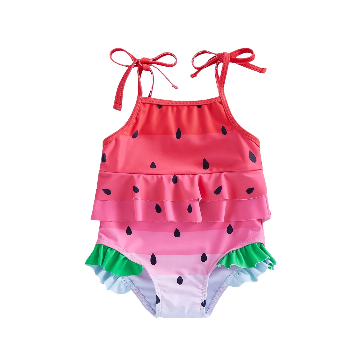 Baby Toddler Girl Swimsuit Summer Sleeveless Tie Straps Layered Ruffles Watermelon Swimwear Romper Bathing Suit