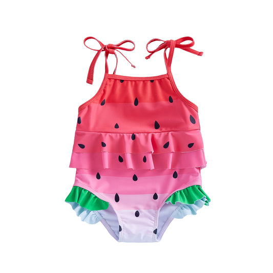 Baby Toddler Girl Swimsuit Summer Sleeveless Tie Straps Layered Ruffles Watermelon Swimwear Romper Bathing Suit