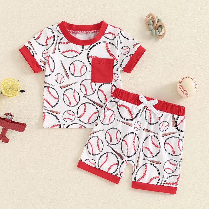 Baby Toddler Boys 2Pcs Baseball Print Short Sleeve Top with Elastic Waist Shorts Summer Outfit Set