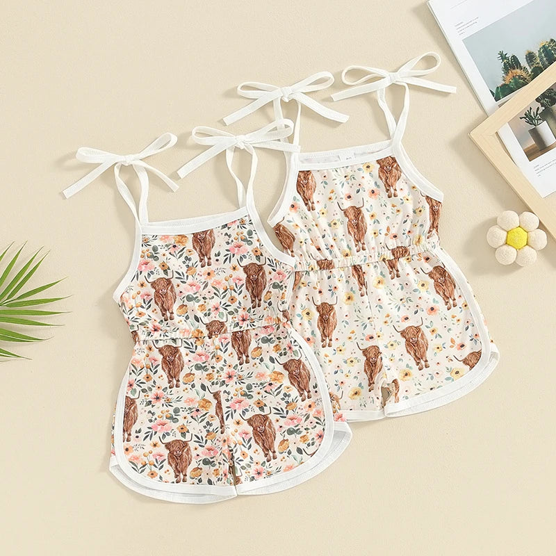 Baby Toddler Girl Western Shorts Romper Floral Flowers Cattle Highland Cow Print Sleeveless Sling Tie-Up Tank Top Overalls Jumpsuit