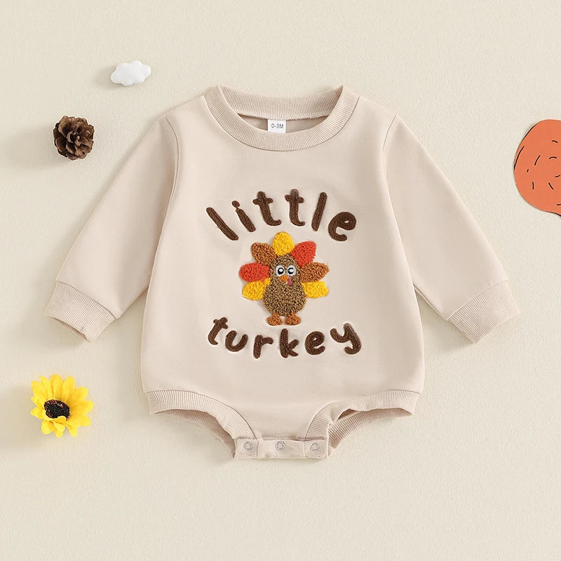 Baby Boys Girls Little Turkey Thanksgiving Romper Letter Print Turkey Embroidery Long Sleeves Round Neck Bubble Jumpsuit