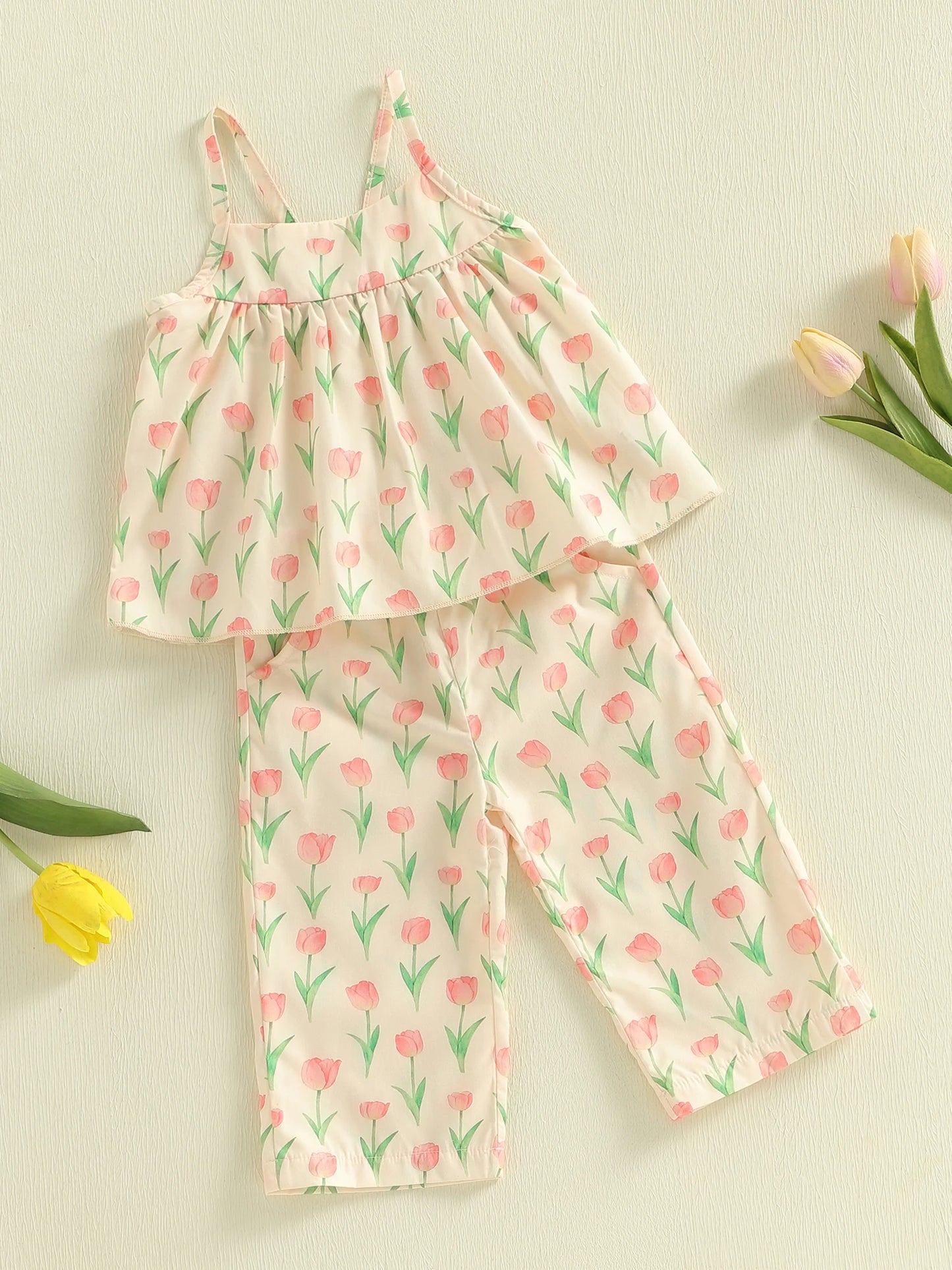 Baby Toddler Girls 2Pcs Outfit Sleeveless Tulip Print Cami Tank Top Pants Spring Set
