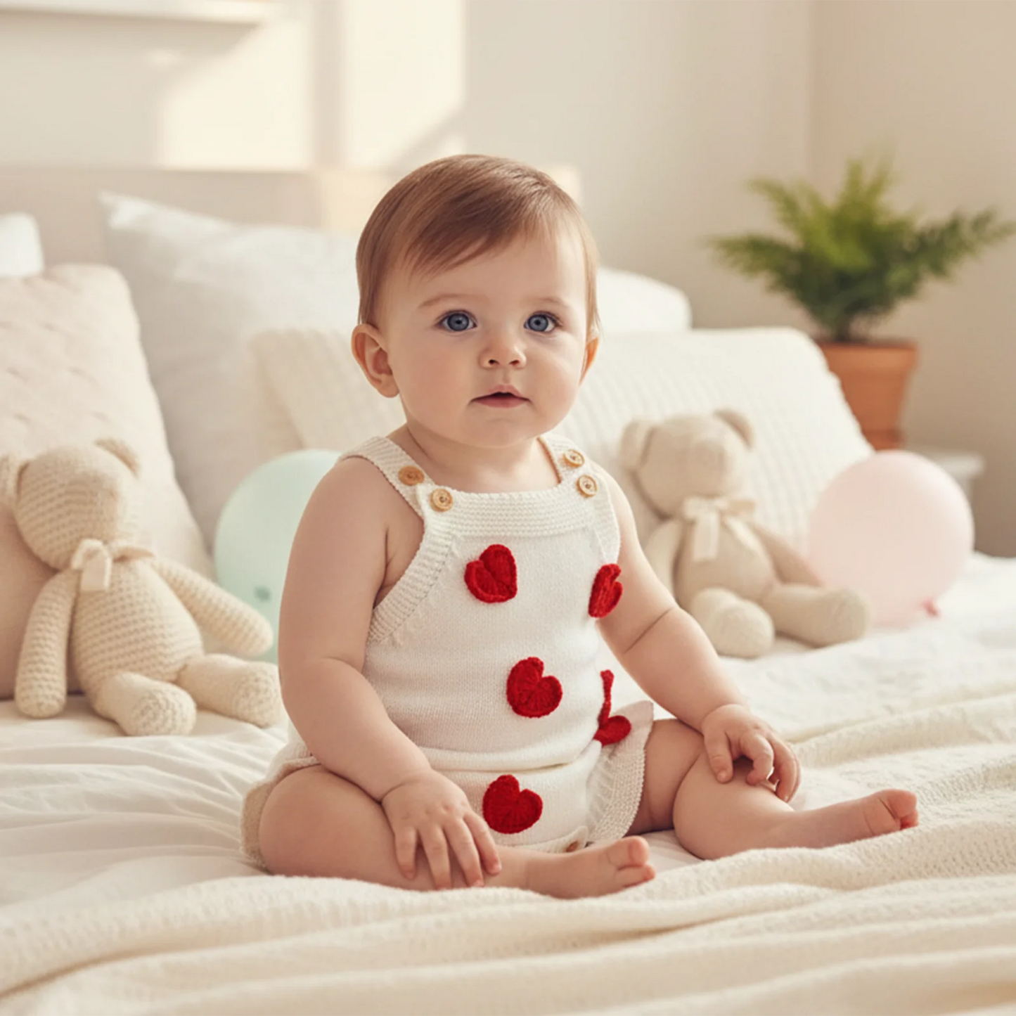 Baby Girl Valentine’s Day Sweater Romper Sleeveless Square Neck Heart Bodysuit Newborn Knit Overalls