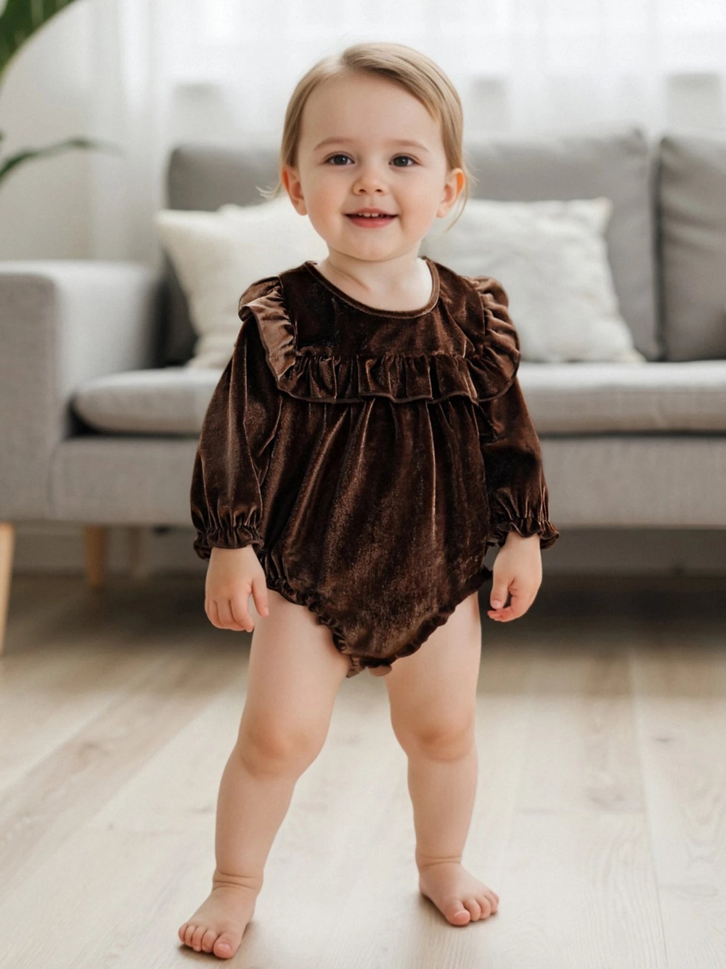 Baby Girls Velvet Romper Solid Color Ruffled Round Neck Long Sleeve Bubble Jumpsuit