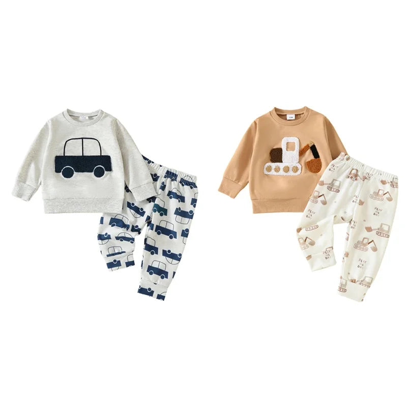 Baby Toddler Boys 2Pcs Outfit Car Tractor Embroidery Long Sleeve Pullover Crewneck Top Elastic Waist Pants Jogger Set