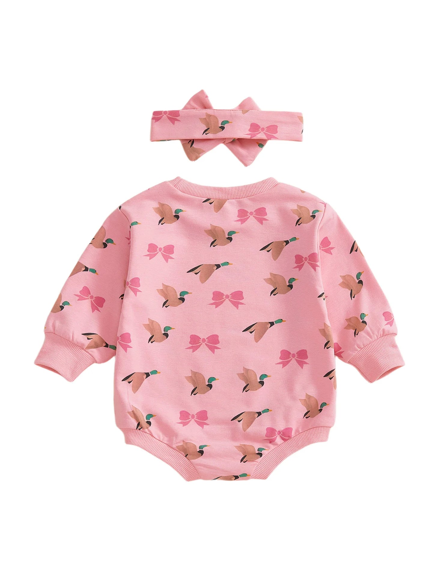 Baby Girls 2Pcs Romper Round Neck Duck and Bow Print Long Sleeve Jumpsuit with Headband Set