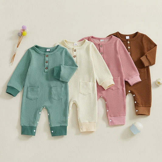 Baby Girls Boys Romper Solid Color Buttons Pockets O-Neck Long Sleeve Spring Jumpsuit