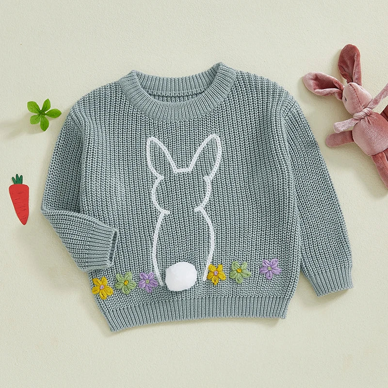 Baby Toddler Girls Sweater Easter Clothes Bunny Rabbit Flower Embroidery Crew Neck Long Sleeve Spring Pullover Top