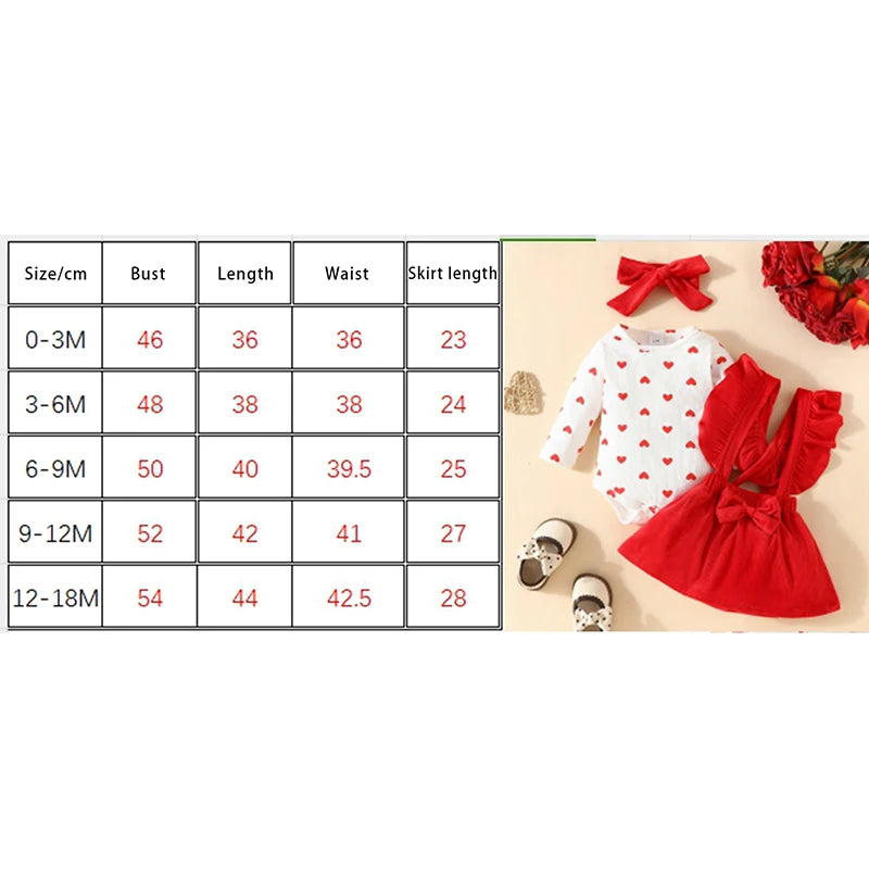 Baby Girls 3Pcs Valentine's Day Clothes Sets Heart Print Long Sleeve Romper with Suspender Skirt Bow Headband