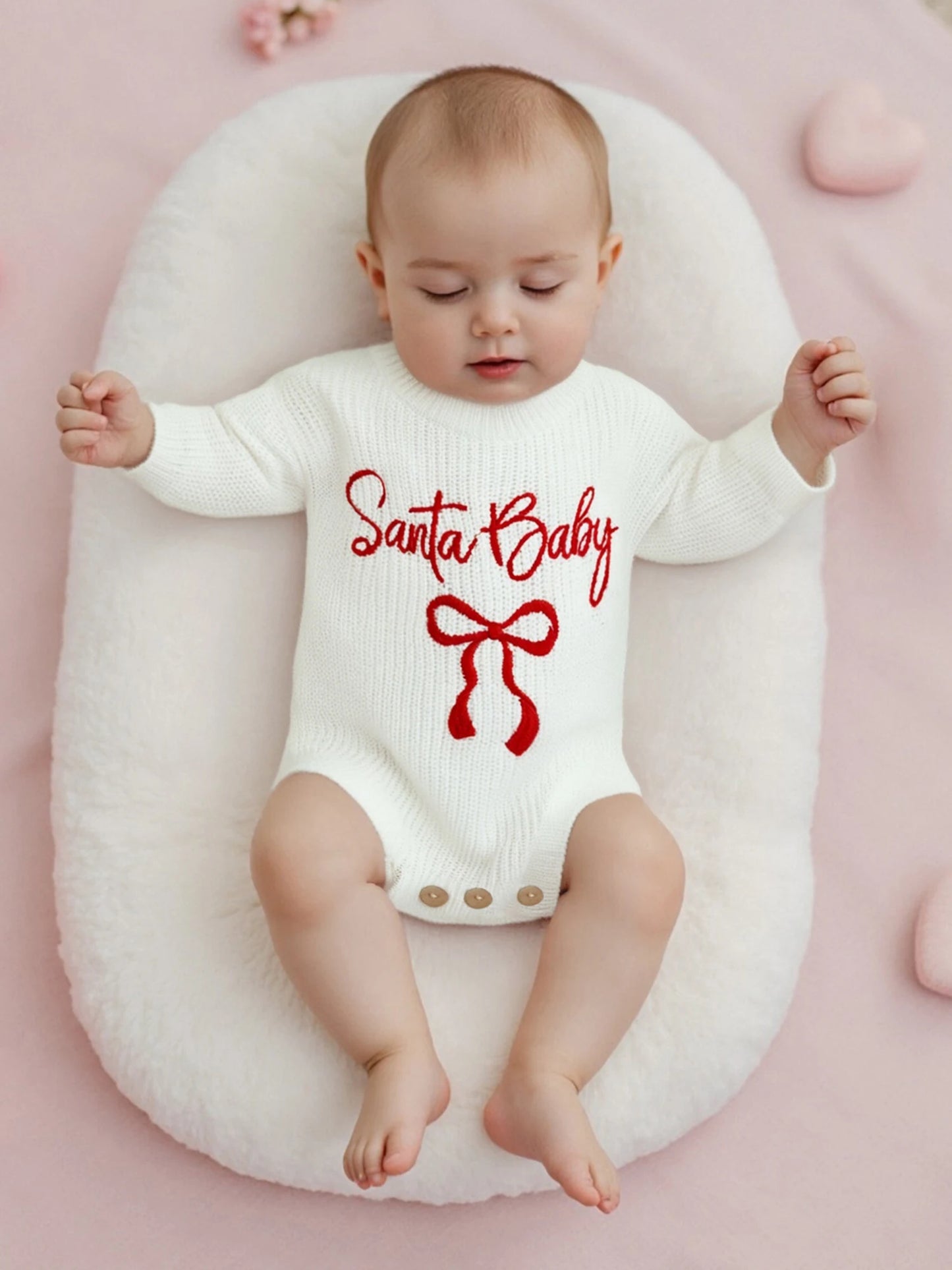 Baby Girl Santa Baby Christmas Romper Loose Fit Letter Bow Embroidery Ribbed Knit Long Sleeve Infant Winter Sweater
