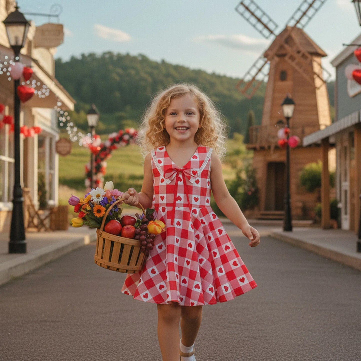 Baby Toddler Kids Girls Valentine's Day Dress Summer Sleeveless Lapel Plaid Heart Print Sweet A-Line Sundress