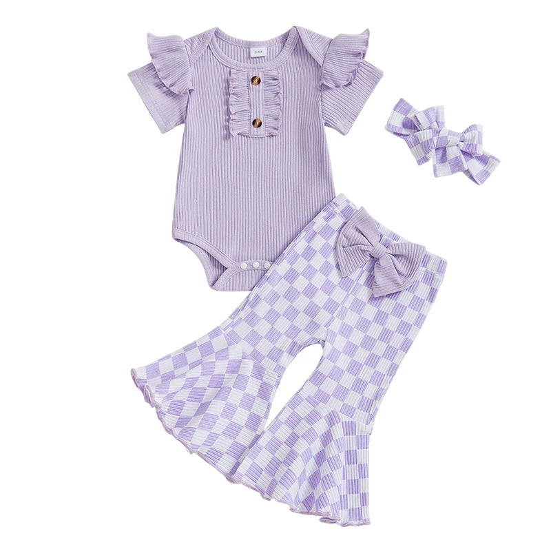 Baby Girls 3Pcs Summer Spring Clothes Solid Ribbed Short Sleeve Romper with Checkered Print Flare Long Pants and Headband Set