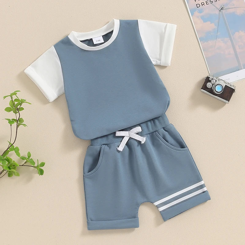 Toddler Baby Boys 2Pcs Short Sleeve Contrast Color Top and Drawstring Shorts Stripes Set Outfit