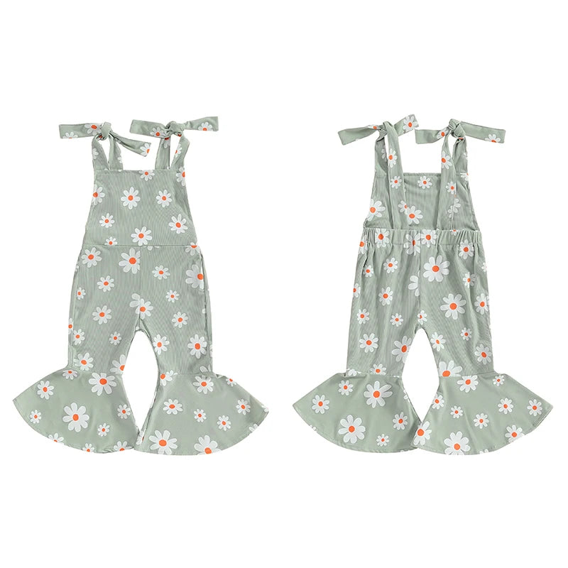 Baby Toddler Girls Summer Flare Leg Jumpsuit Daisy Flower Print Sleeveless Tie-Up Tank Top Bell-Bottoms Romper Overalls