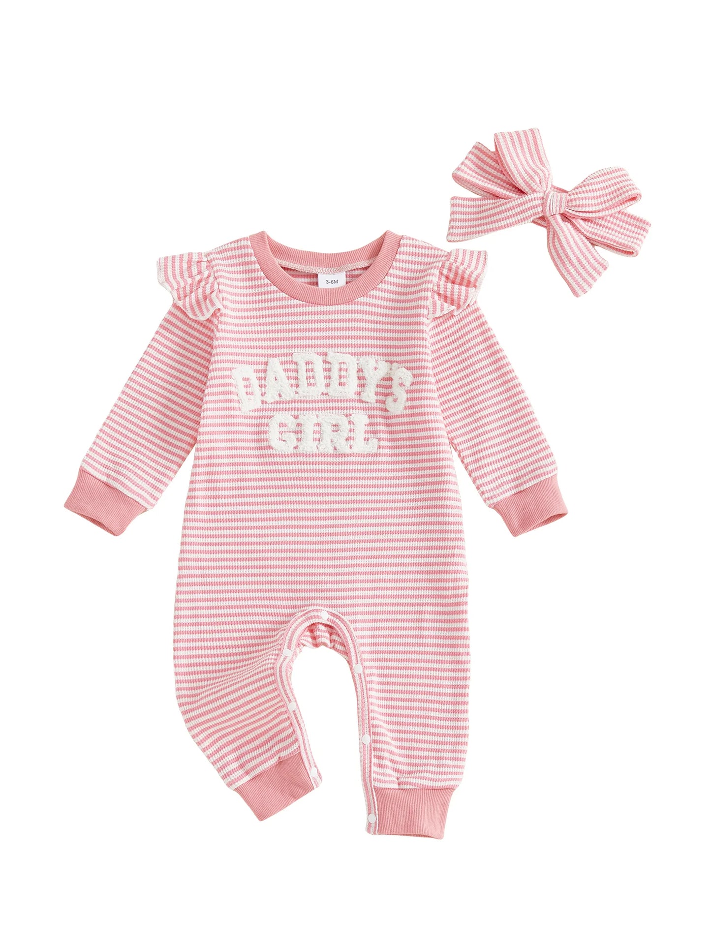 Baby Girls 2Pcs Daddy's Girl Striped Romper Letter Embroidery Ruffled Long Sleeves Jumpsuits and Cute Headband Set