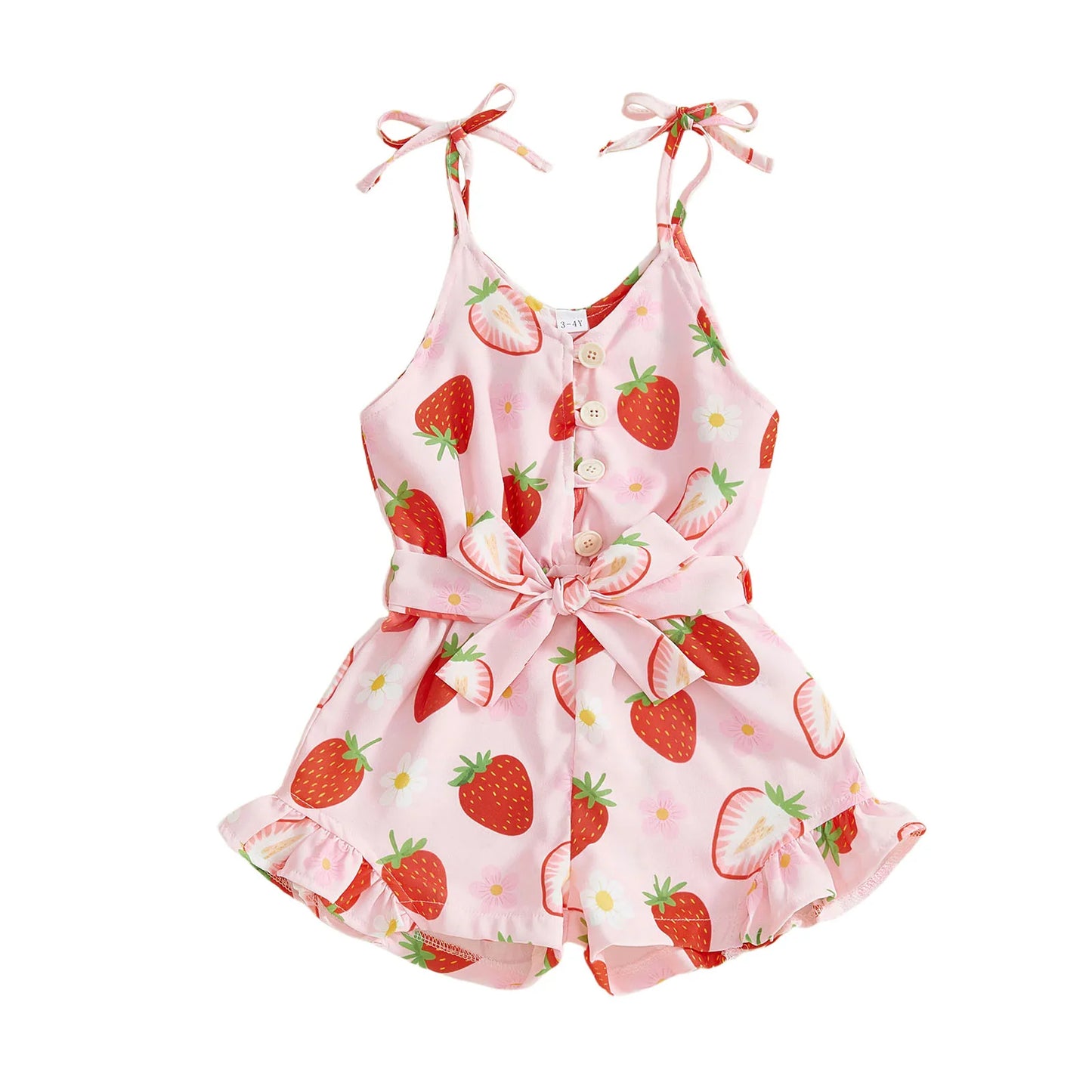 Toddler Kids Girl Summer Sleeveless Button up Strawberry Print Tie Shoulder Shorts Jumpsuit Romper