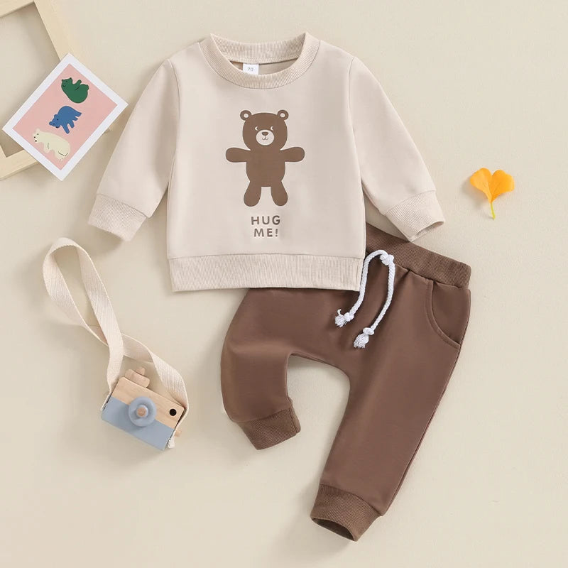 Baby Toddler Boys Girls 2Pcs Outfits Bear Letter Hug Me Print Crew Neck Long Sleeve Top and Long Pants Set