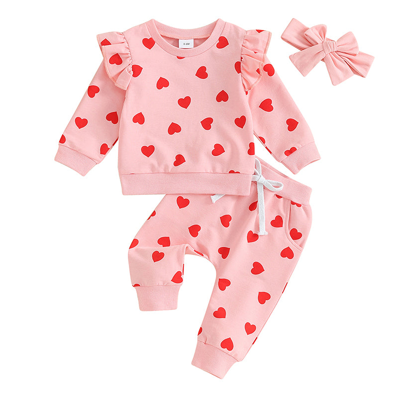 Baby Toddler Girls 3Pcs Valentine's Day Set Long Sleeve Heart Print Top Jogger Pants Headband Set