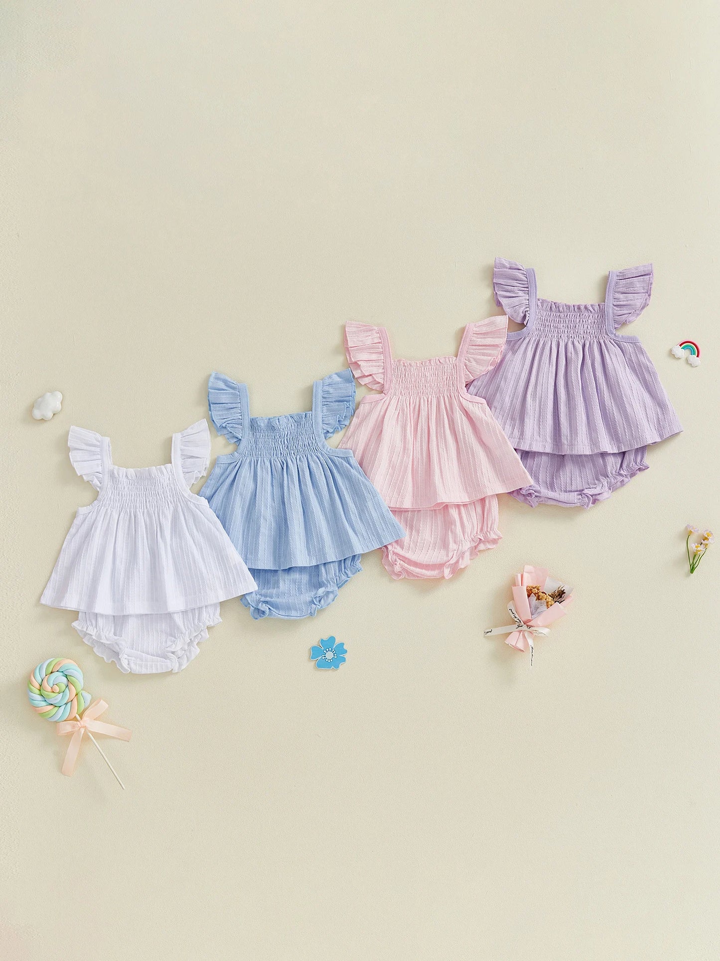 Baby Girls 2Pcs Spring Summer Outfit Flying Sleeve A-line Tops Ruffle Trim Shorts Set