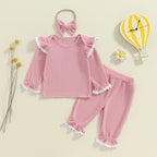 Baby Toddler Girls 3Pcs Waffle Set Lace Trim Long Sleeve Ruffled Top Elastic Waist Long Pants Hairband Outfit
