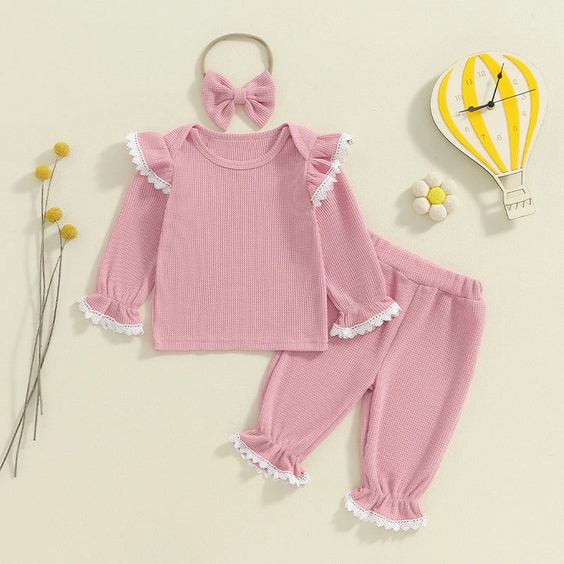 Baby Toddler Girls 3Pcs Waffle Set Lace Trim Long Sleeve Ruffled Top Elastic Waist Long Pants Hairband Outfit