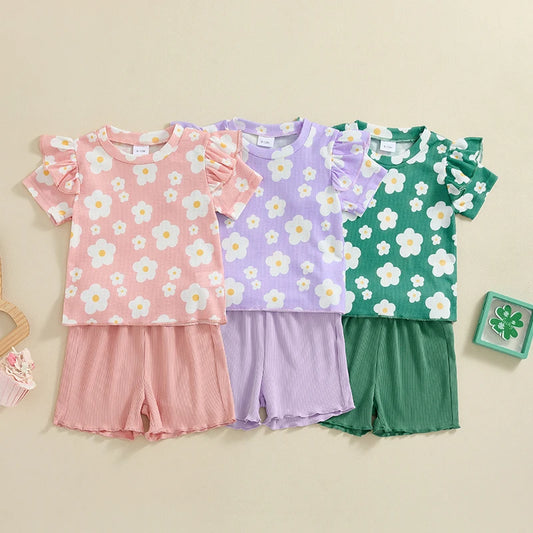 Baby Toddler Girls 2Pcs Short Sleeve Crew Neck Flower Print Top Frill Shoulder with Shorts Summer Outfit Set