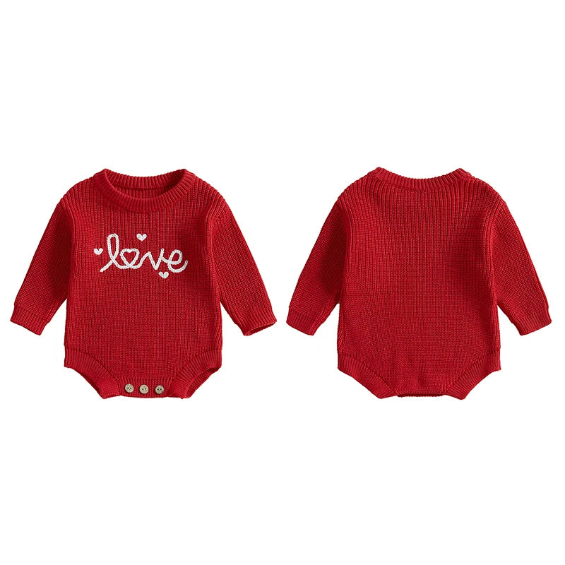 Baby Girl Boy Love Valentine’s Day Romper Long Sleeve O-Neck Letter Embroidery Knit Jumpsuit Sweater Bodysuit