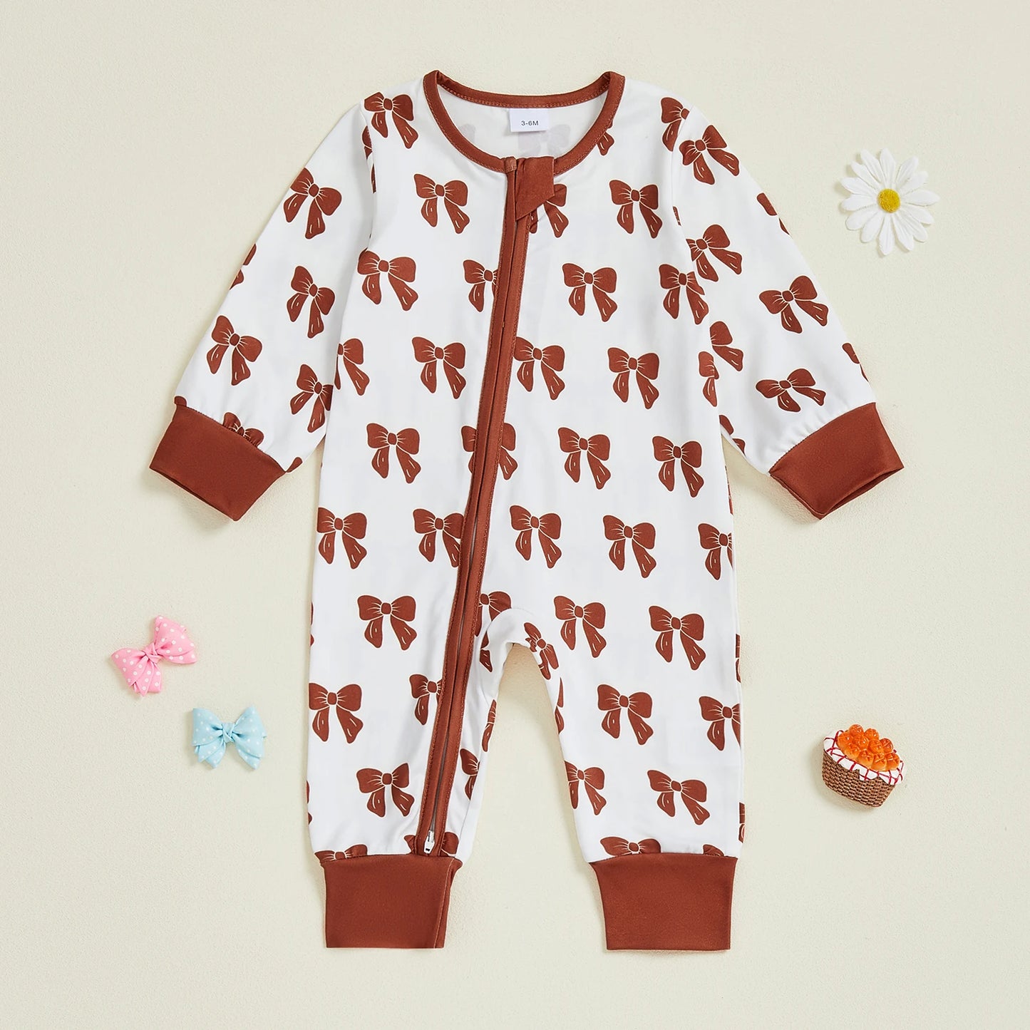 Baby Girl Zipper Romper Long Sleeve Round Neck Bow Print Jumpsuit