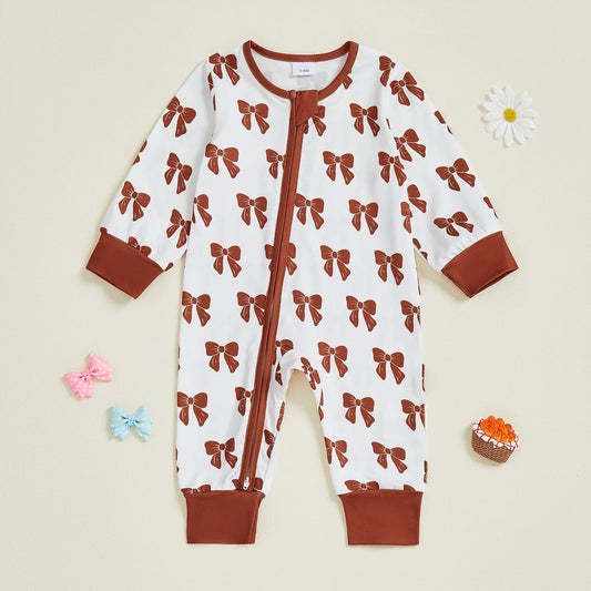 Baby Girl Zipper Romper Long Sleeve Round Neck Bow Print Jumpsuit