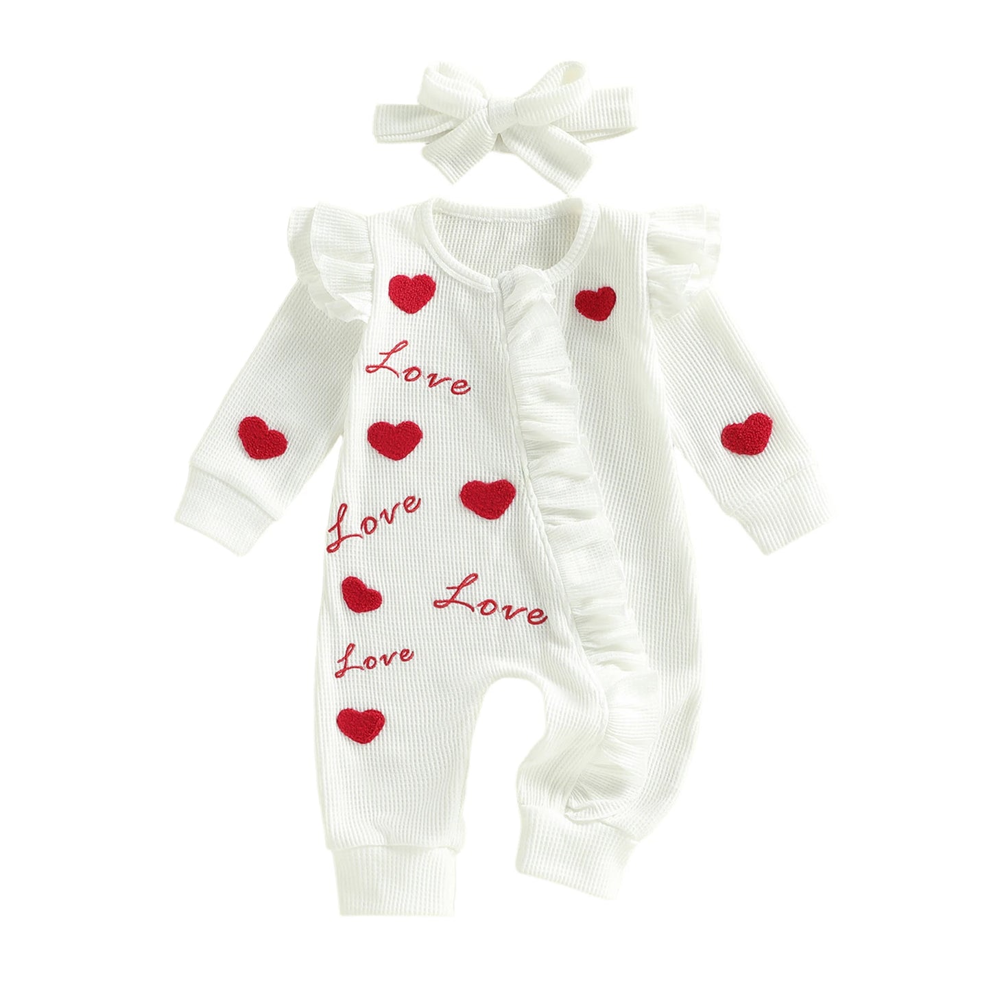 Baby Girl 2Pcs Valentine's Day Outfit Long Sleeve Round Neck Heart Love Embroidery Jumpsuit with Headband Set