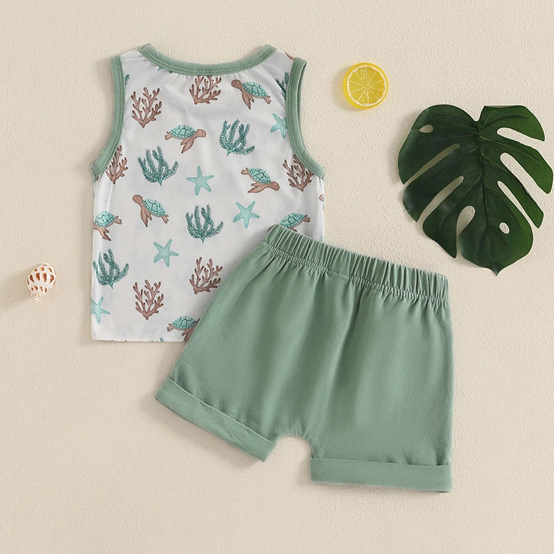 Baby Toddler Boys 2Pcs Summer Clothes Sleeveless Pattern Sea Turtles Palm Tree Waves Print Tank Top Solid Shorts Set Beach Outfit