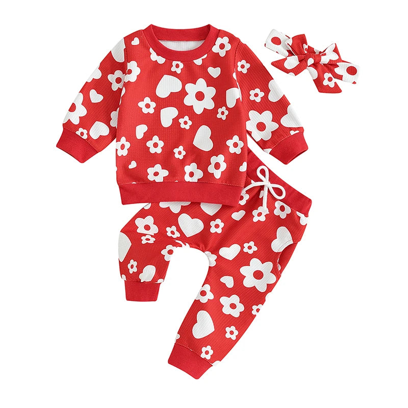 Baby Toddler Girl 3Pcs Valentine's Day Outfit Heart Flower Print Long Sleeve Crewneck Top Casual Pants Set