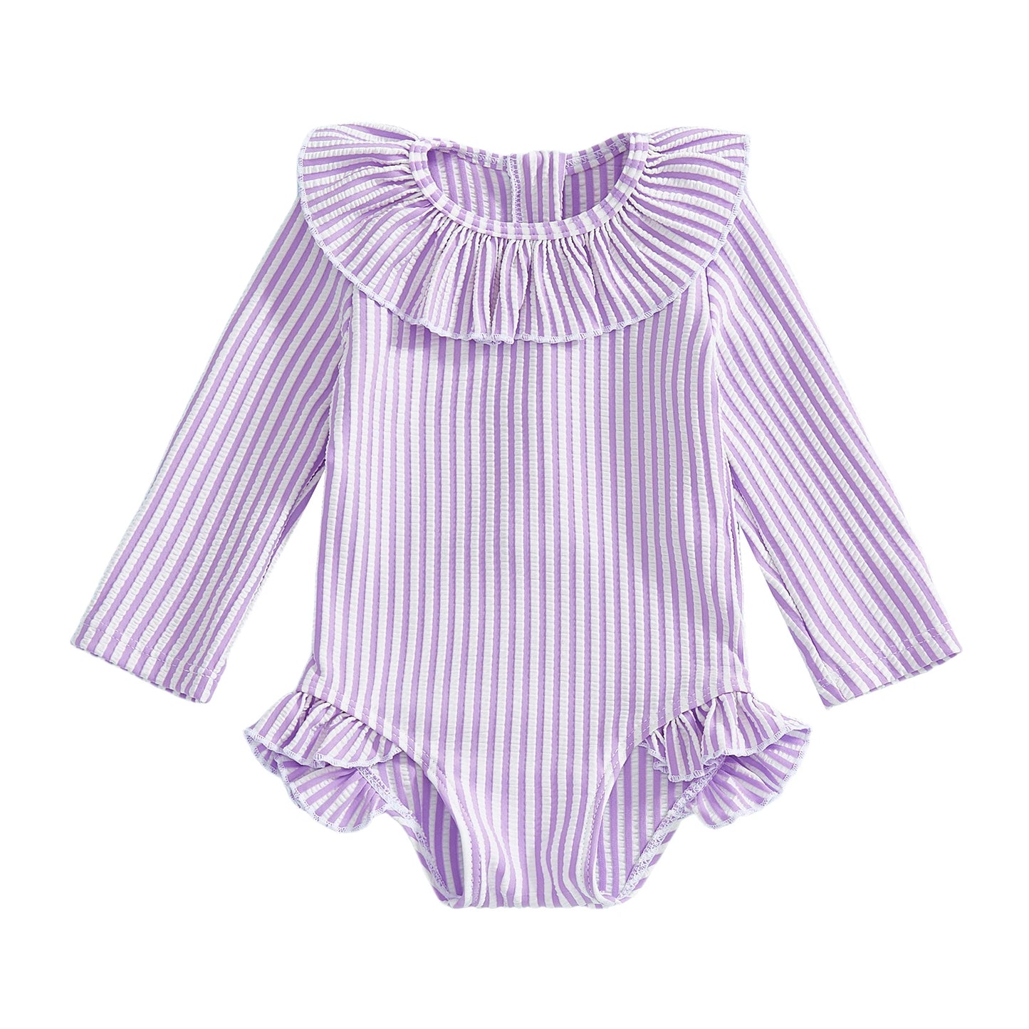 Baby Toddler Girl Rash Guard Swimsuit Long Sleeve Ruffled Collar Striped Swimwear Bathing Suit for Beach Pool