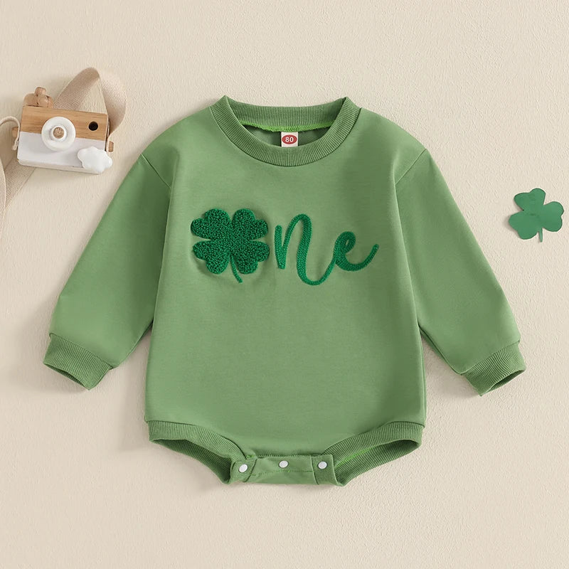 Baby Boys Girls One Spring St. Patrick's Day Birthday Romper Letter Shamrock Embroidery Long Sleeve O-Neck Bubble Jumpsuit