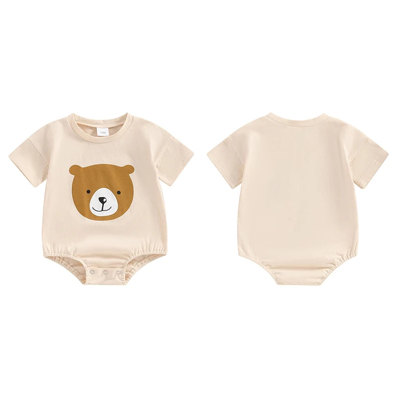 Baby Boy Girl Romper Bear Print Short Sleeve Crew Neck Neutral Jumpsuit