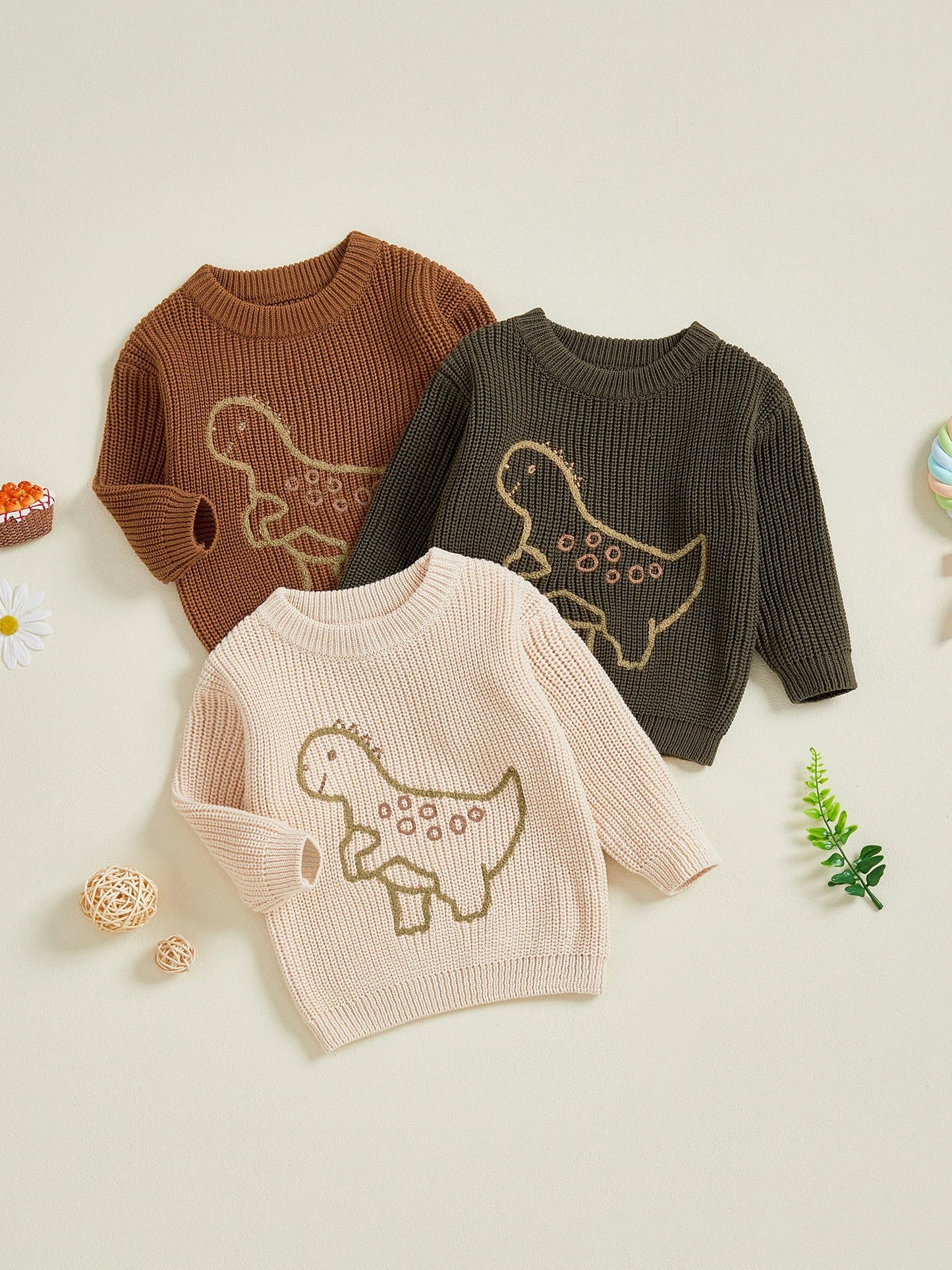 Baby Toddler Boy Sweater Long Sleeve Crew Neck Dinosaur Embroidery Knit Tops Comfortable Pullover
