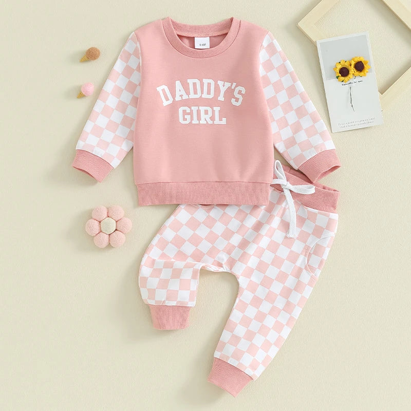 Toddler Baby Girl 2Pcs Daddy‘s Girl Letters Print Checkered Pattern Long Sleeve Crewneck Top Jogger Pants Set Outfit