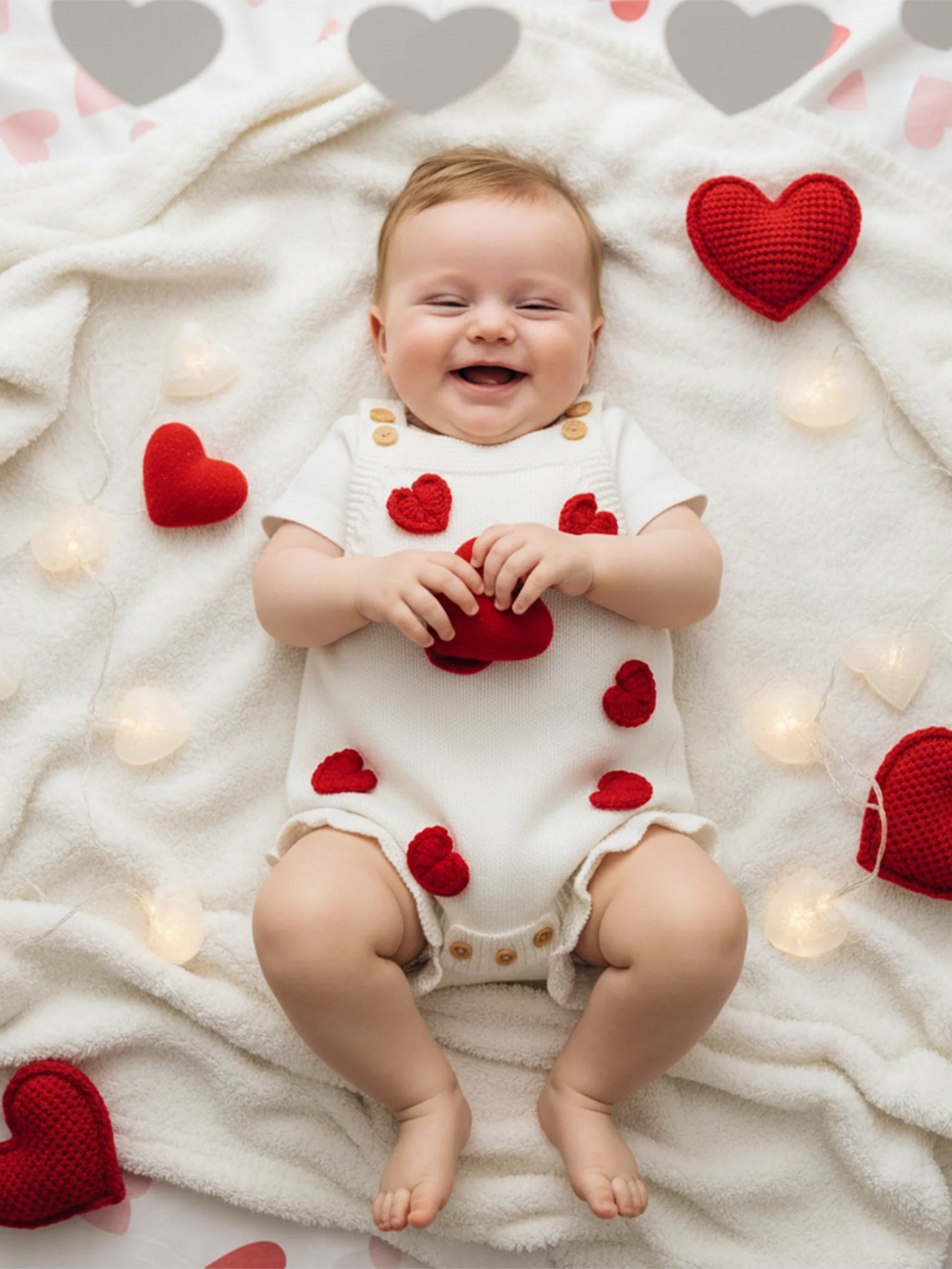 Baby Girl Valentine’s Day Sweater Romper Sleeveless Square Neck Heart Bodysuit Newborn Knit Overalls