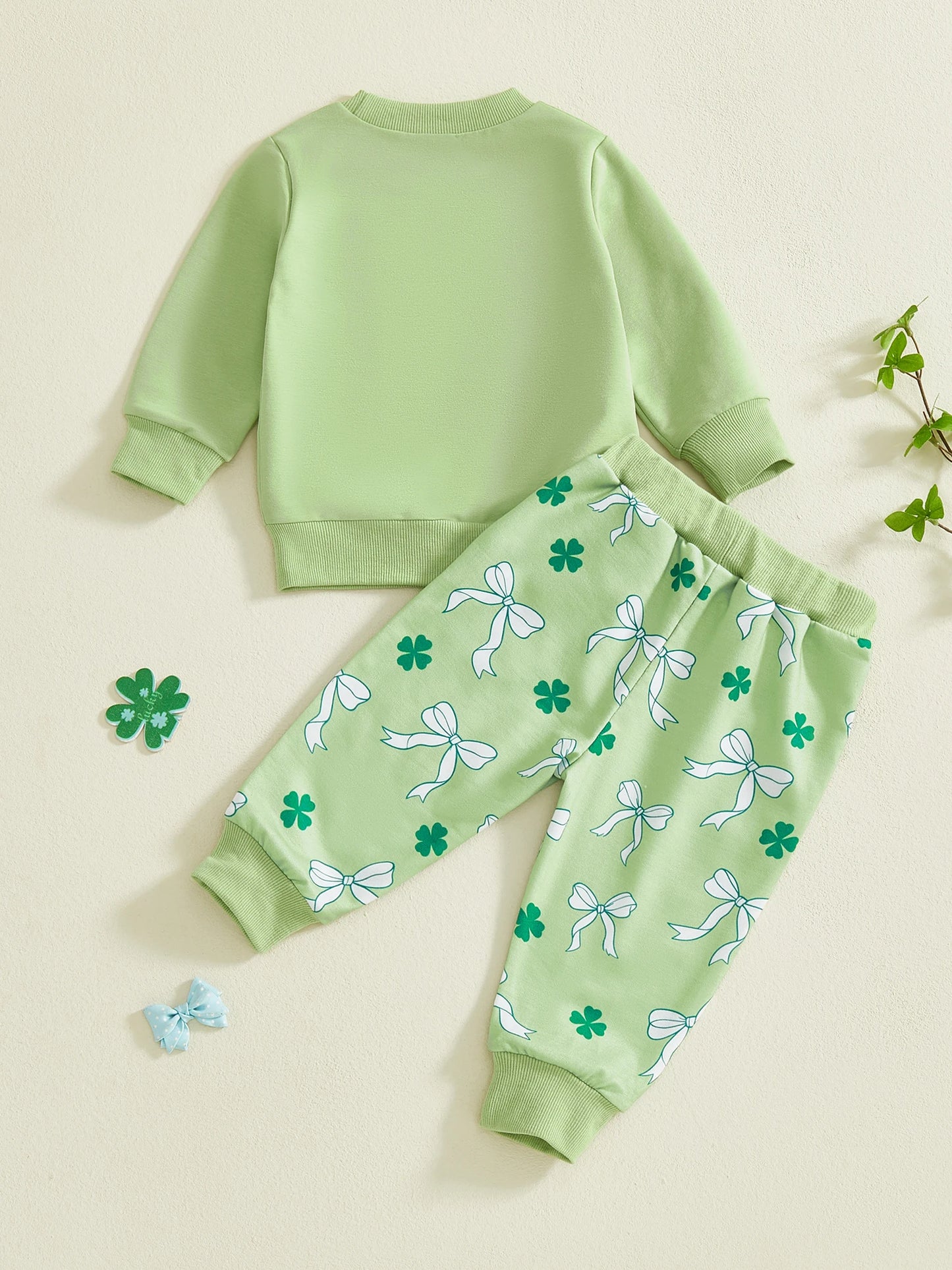 Baby Toddler Girls 2Pcs Little Charmer St. Patrick's Day Long Sleeve O Neck Letter Bow Embroidery Top Bow Clover Print Pants Jogger Set