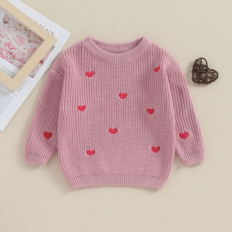 Baby Girl Knit Sweater Heart Embroidery Pullover Valentine's Day Clothes Top