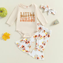 Load image into Gallery viewer, Baby Girls 3Pcs Little Turkey Thanksgiving Outfit Letter Print Long Sleeve Romper Turkey Print Flare Pants Tie Headband Set
