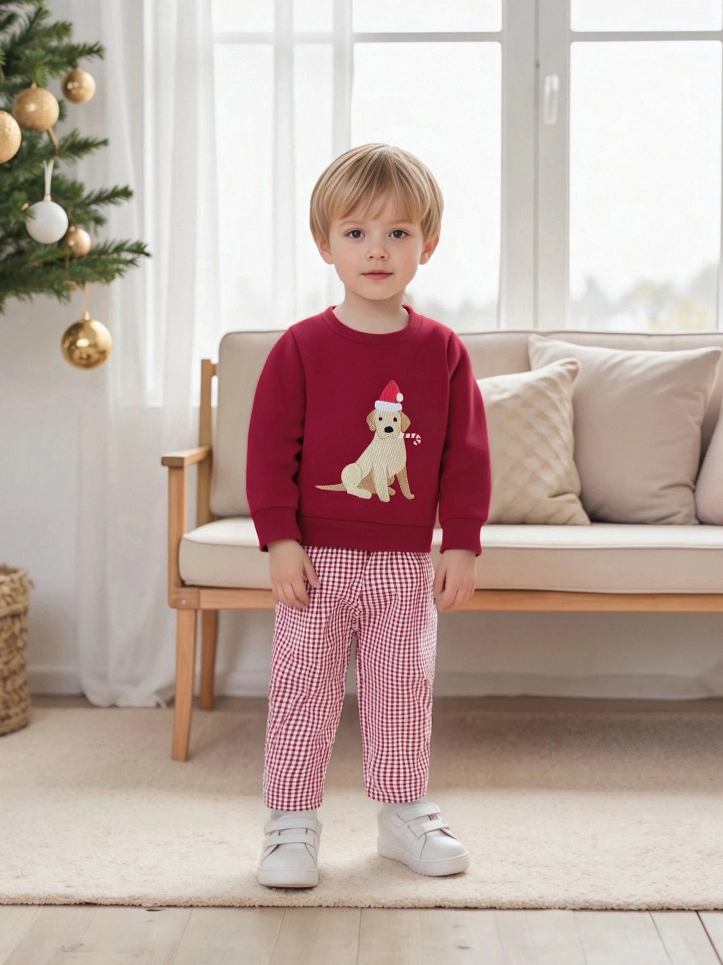 Baby Toddler Girls Boys 2Pcs Christmas Outfit Dog Embroidered Crew Neck Long Sleeve Top and Plaid Pants Set