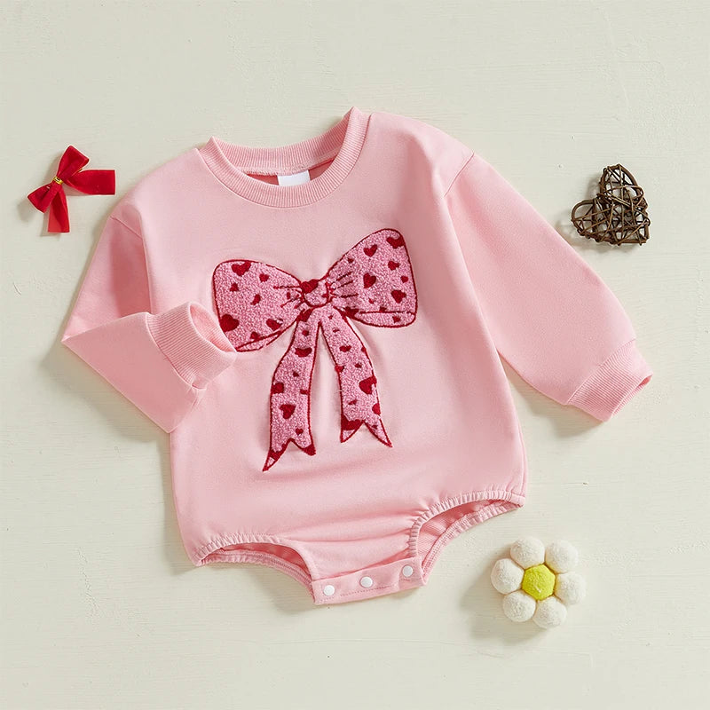 Baby Girls Bubble Romper Heart Bow Embroidery Long Sleeve Jumpsuit Valentine's Day