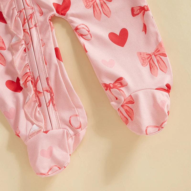 Baby Girls 2Pcs Valentine’s Day Outfit Long Sleeve Heart Bow Print Ruffle Jumpsuit Zipper Romper with Headband Set Valentines