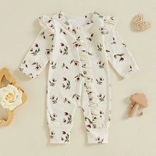 Load image into Gallery viewer, Baby Girls Long Sleeve Romper Floral Flowers Print Ruffles Front Zipper Jumpsuit
