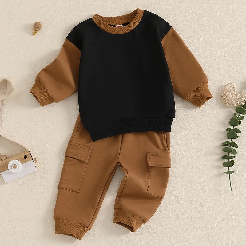 Baby Toddler Boy 2Pcs Outfit Long Sleeve Contrast Color Top + Cargo Pants Fall Winter Jogger Set