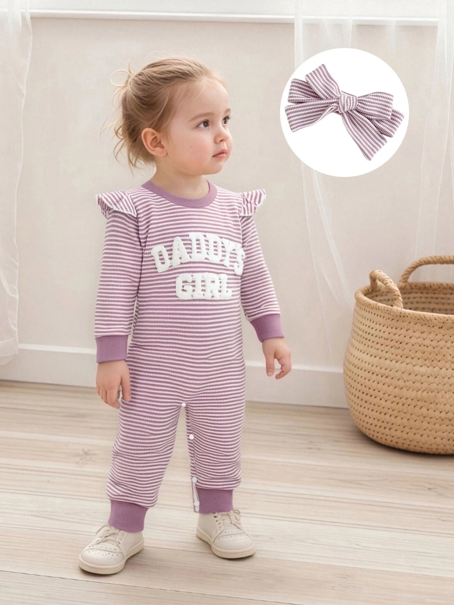 Baby Girls 2Pcs Daddy's Girl Striped Romper Letter Embroidery Ruffled Long Sleeves Jumpsuits and Cute Headband Set