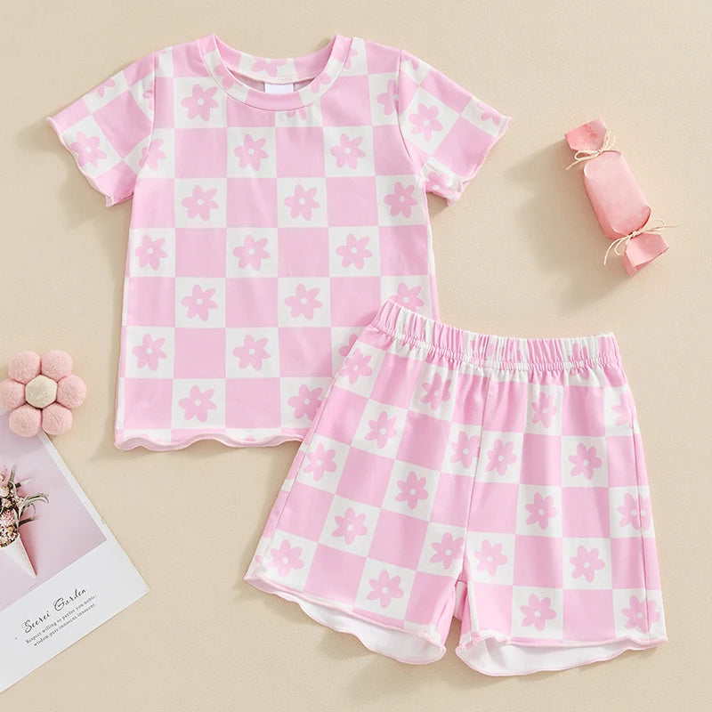 Baby Toddler Girls 2Pcs Outfit Floral Flower Checkered Print Short Sleeve Top with Elastic Waist Shorts Set