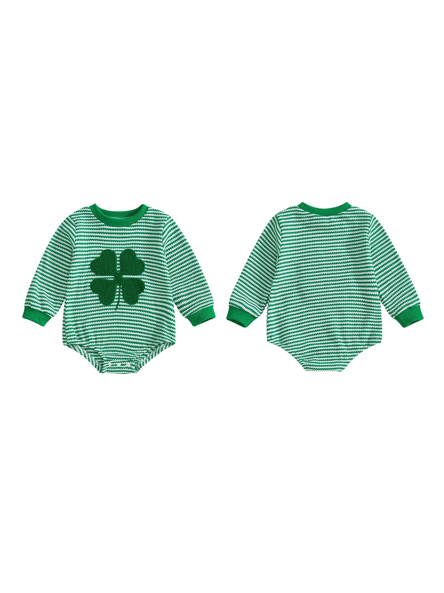 Baby Boys Girls Spring Romper Loose Fit Shamrock Embroidered Striped Crew Neck Long Sleeve Infant Jumpsuit St. Patrick's Day