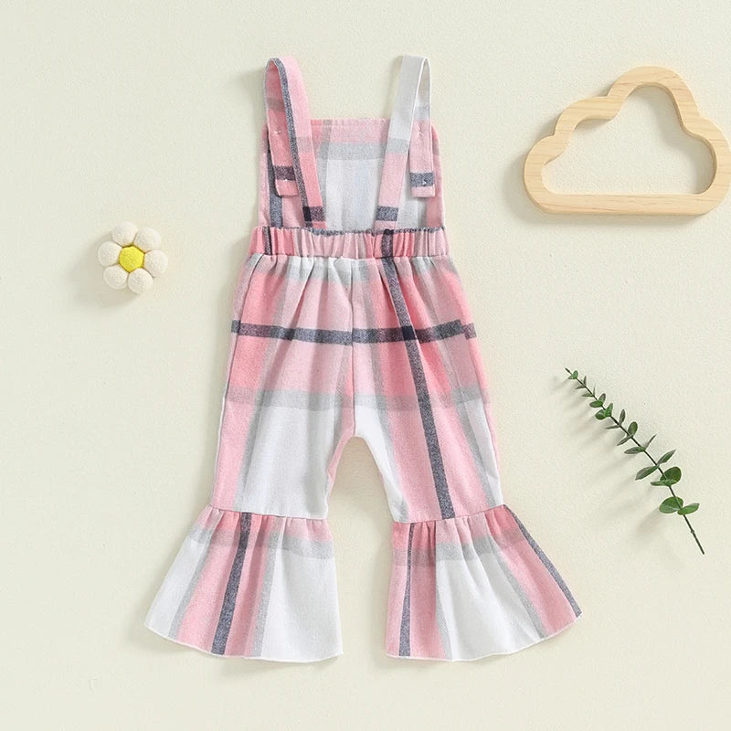 Baby Toddler Girls Plaid Overalls Casual Square Neck Sleeveless Bell Bottom Jumpsuit Romper